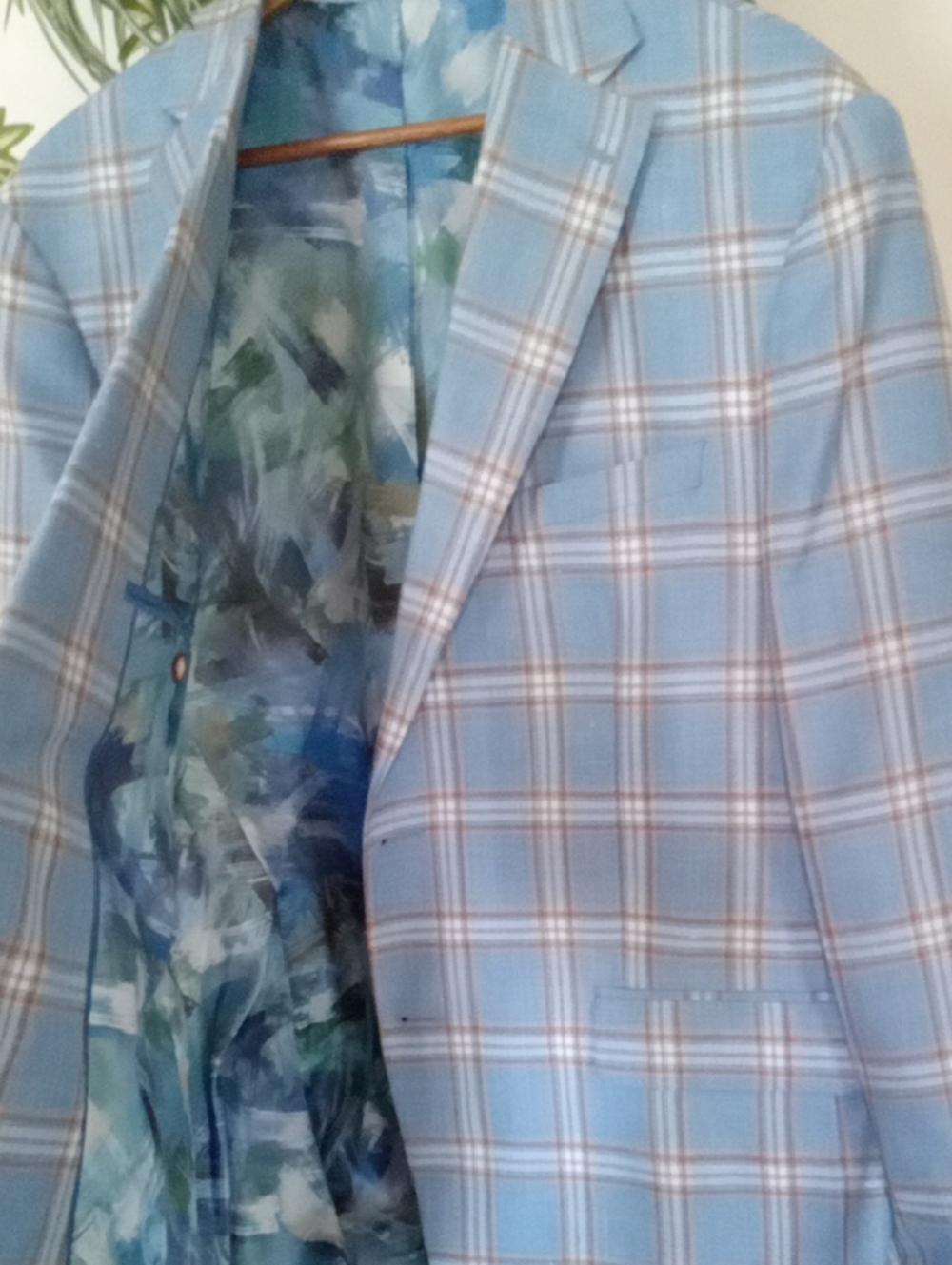 TALLIA Light Blue Plaid Sport Coat Men's slim fit linen blend Pattern blazer 46R
